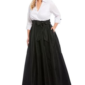 Jessica Howard Color Block V-Neck 3/4 Sleeve Tie Waist Taffeta Ball Gown